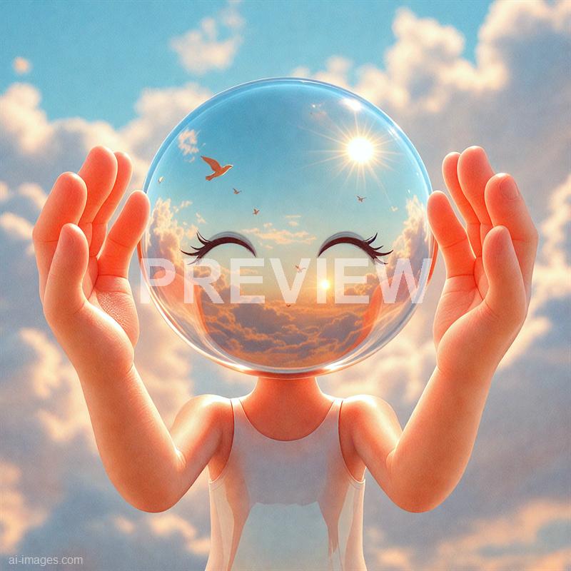 A person is holding a clear glass sphere in front of their face, with the sphere reflecting a bright sky filled with clouds, birds, and the sun. The person's head is replaced by the sphere, which creates an artistic and surreal effect, showing a smiling face with closed eyes and long eyelashes within the reflection. The background features a partly cloudy sky during what appears to be sunset or sunrise, enhancing the whimsical and dreamlike atmosphere.